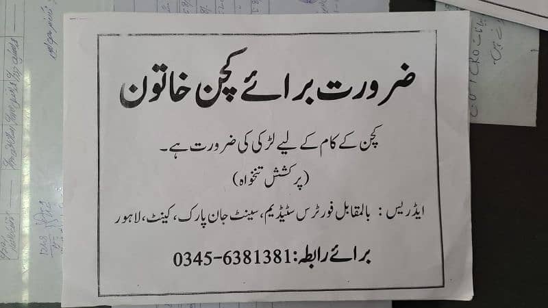 کچن کے کام کے لئے خاتون کی ضرورت ہے 0
