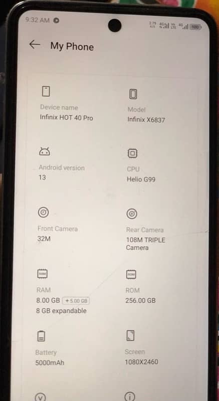 infinix hot 40 pro 10/9 condition 8/256 storage 5000mh battery 1