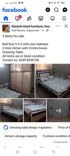 Bed with Matress, Cupboard boxes, Dressing, Deep freezer are available