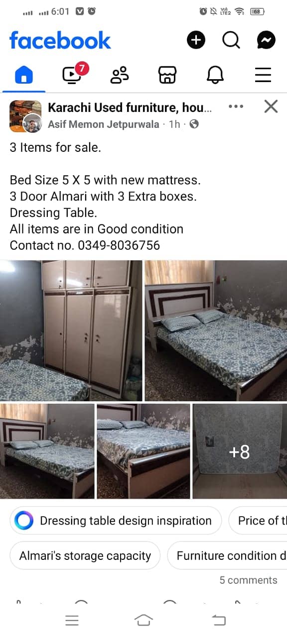 Bed with Matress, Cupboard boxes, Dressing, Deep freezer are available 0