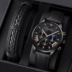 Men,s Business Casual Leather Quartz Watch -Large  Dial with Calendar