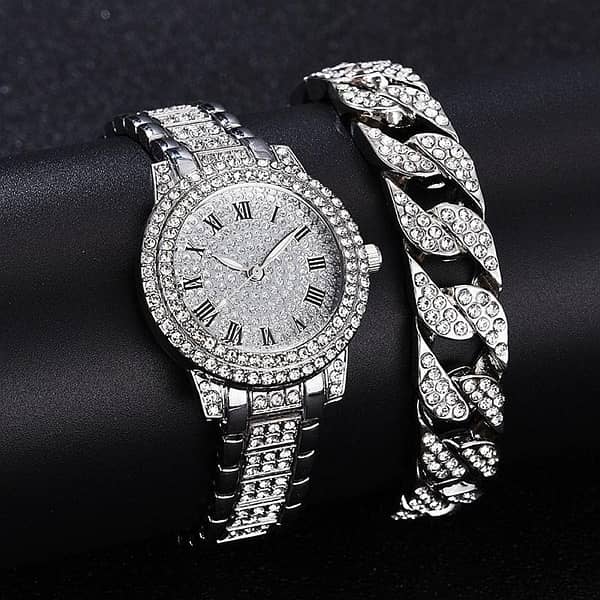 Women’s diamond artificial Set- Roman Watch Silver 1