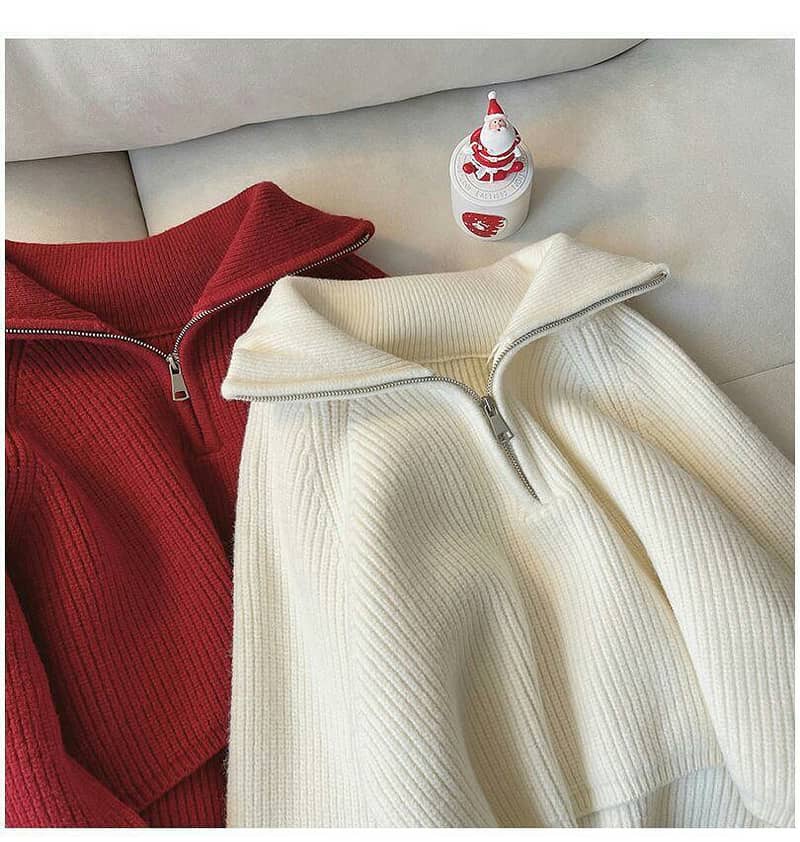 1 pc women's stylish Ribbed half zip knitted sweater 2