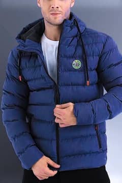 Men's Hooded Neck Puffer Jacket - 1 Pc - Blue Polyester, Plain Design