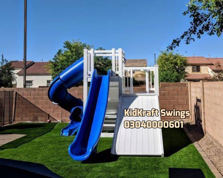 Trampoline, Slides, Monkey bar, Seesaw, Merry go round, Swings, poles 10