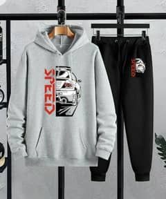 Men's Fleece Hoodie track suit-2pcs grey printed set, Speed