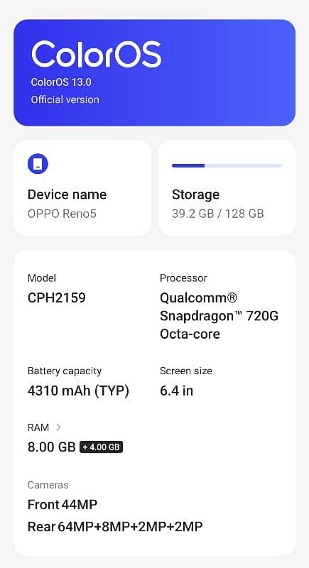 OPPO Reno 5 8+4 / 128 condition 10.9 2