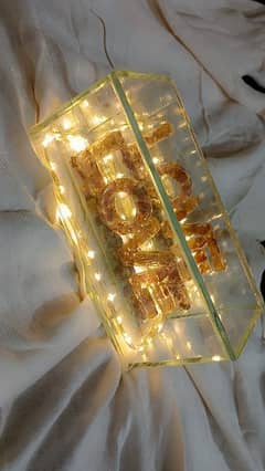 Resin name stand with glass box and light