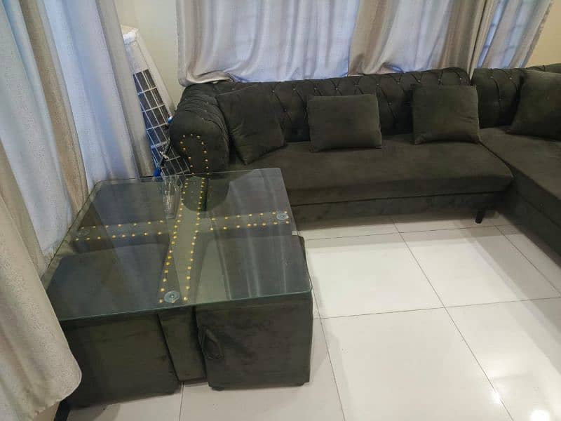 7 seater L shaped sofa with table and puffy 2