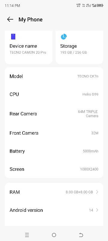 Tecno camon 20 Pro 8+8/256 GB memory 10