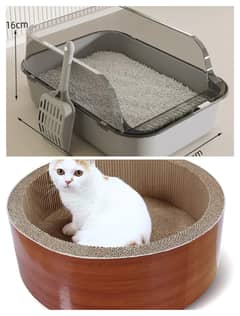 Cat Litter Box, Semi-Enclosed + Round Cat Scratching Lounge Bed.