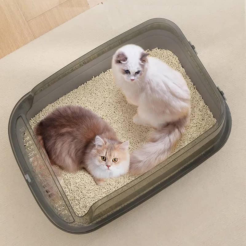 Cat Litter Box, Semi-Enclosed + Round Cat Scratching Lounge Bed. 3