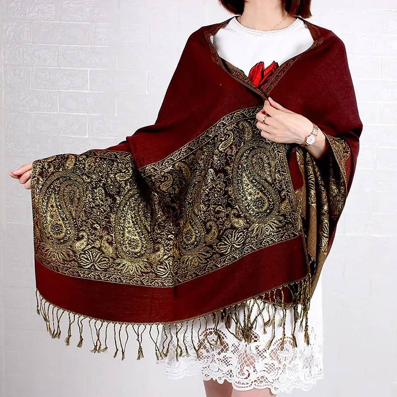 Vintage Polyester Shawl with cashew Pattern and Tassels 0