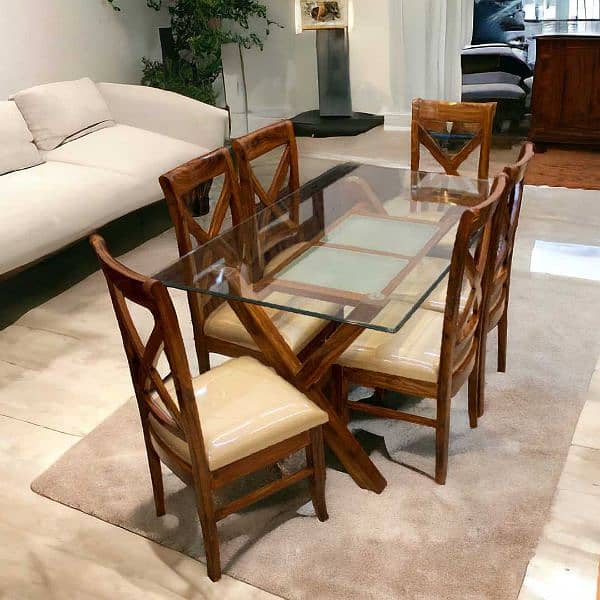 dining table, wooden dining table, 6chairs dining table,glass top, fur 15