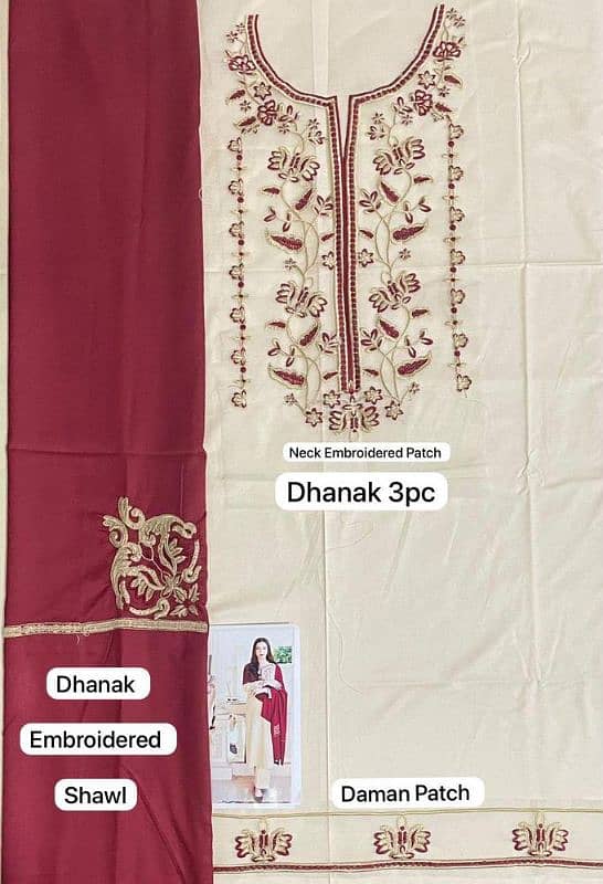 3Pc Women's Unstitched Dhanak Embroidered Suit 1