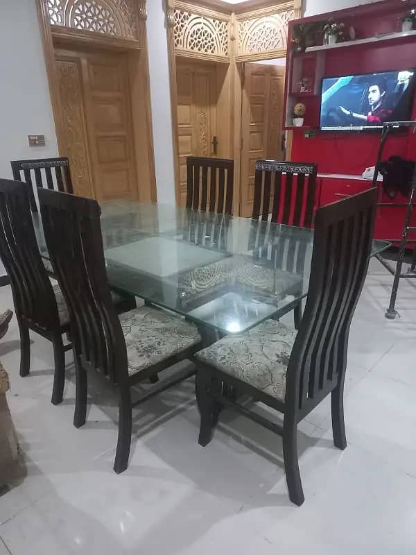 Dining Table for sale, Glass 12mm, wooden stand , chairs 3