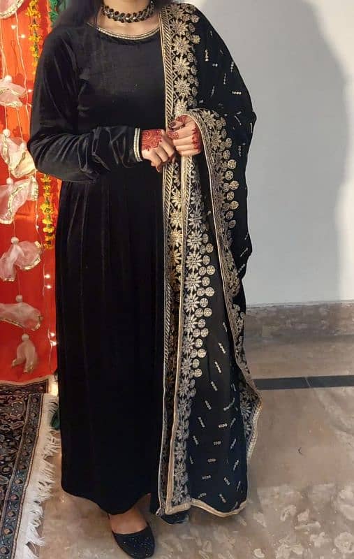 Black velvet stitched frock with embroidered shawl 0