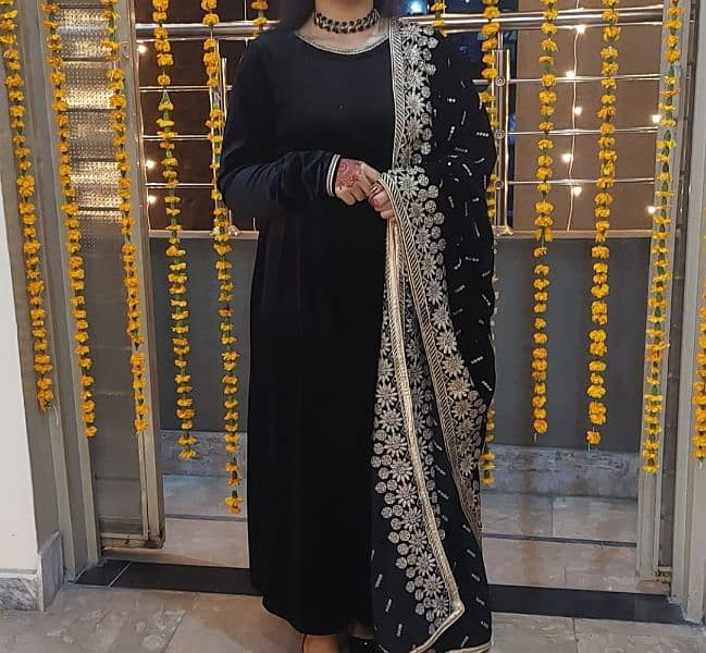 Black velvet stitched frock with embroidered shawl 1