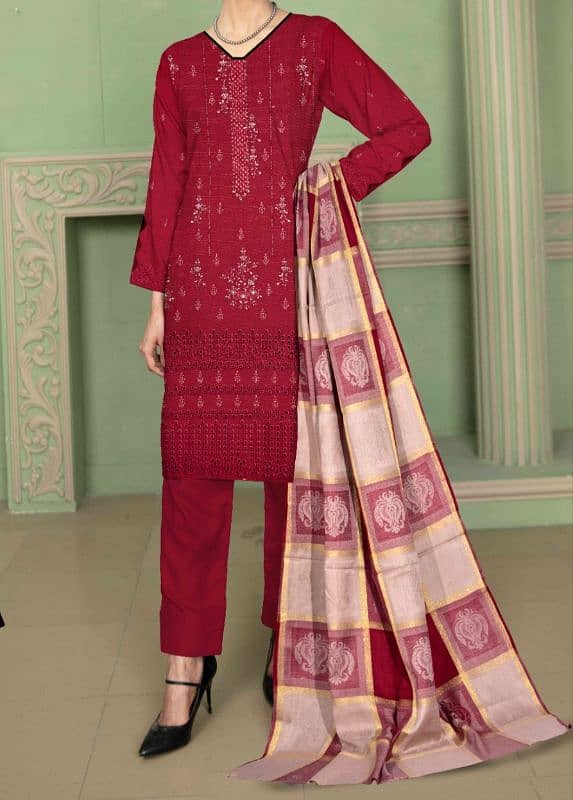 3 Pcs Women Suit / Dhank Fabric / Fancy Multani Shawl 1