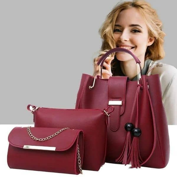 Chic Women Leather Hand Bag Set-3-pic in mahroon 2