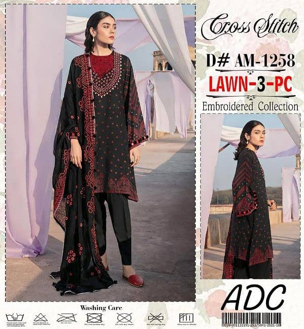 3 pcs women's unstitiched lawn Embroidered suit 0