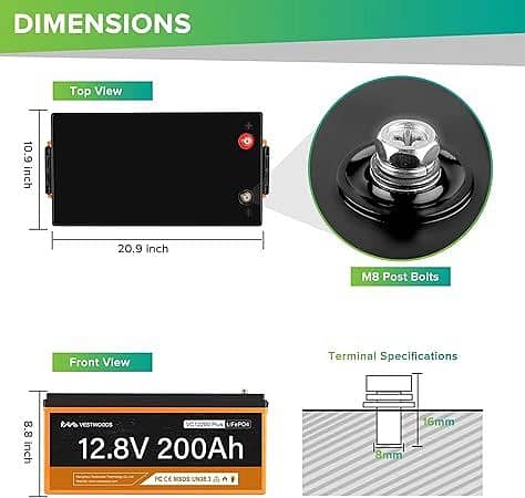 VESTWOODS 12V 200Ah LiFePO4 Lithium Battery 6