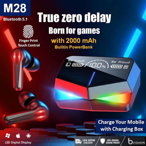 M28 Gaming Wireless Earbuds, 2000mAh Battery, Low Latency 0