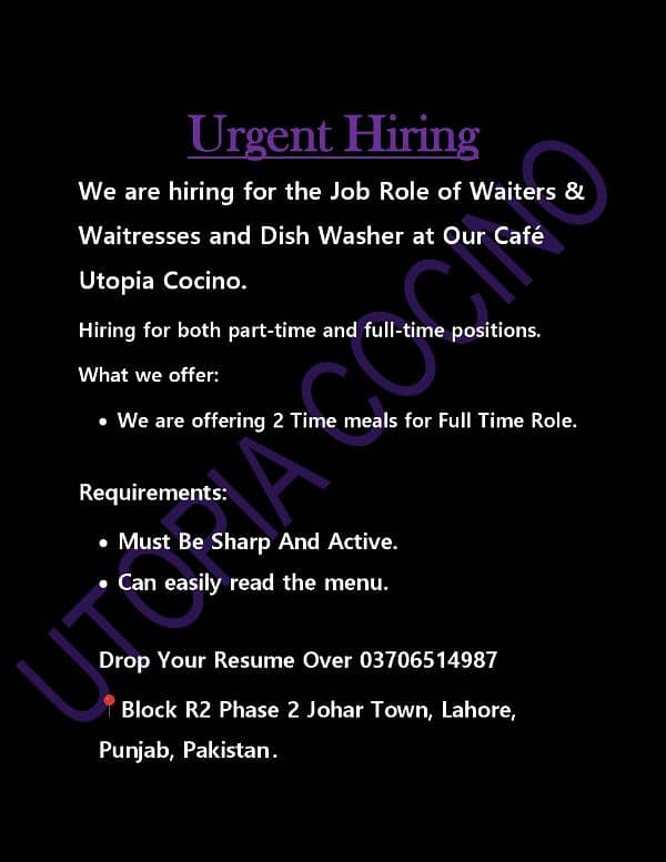 Job Hiring for waiters and waitress 0