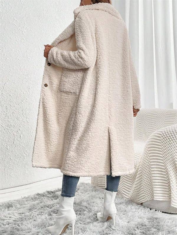 1 Pcs Women's Stylish Low Shoulder Double Pocket Teddy Bear Long Coat 6