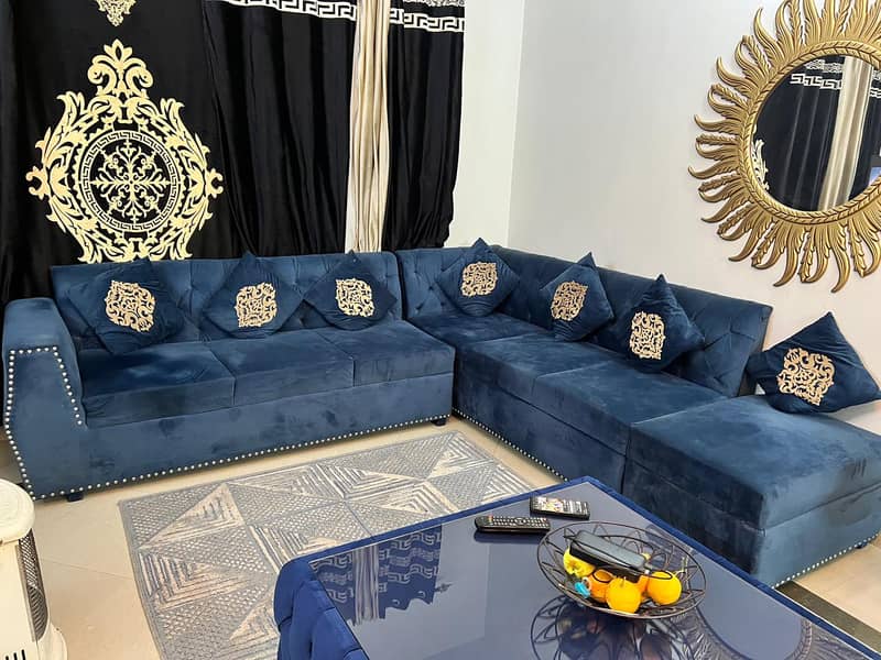 BLUE L SHAPE SOFA WITH TABLE 2