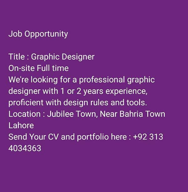 Urgently required Graphics designer  in Lahore jubilee town 0