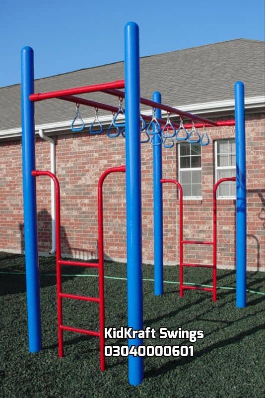 Monkey bar, Climber, rope ladder, swings, slides, seesaw, kids rides 15