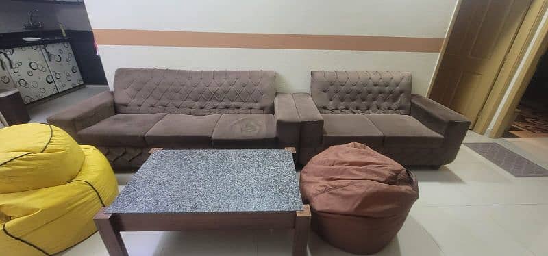 sofa set with wooden table and 2 bean bags 1