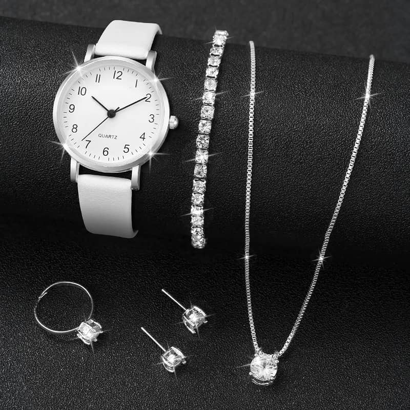 6 Pcs/set luxury women watch ring necklace earrings rhinestone casual 11