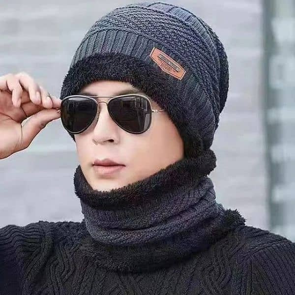 Winter Knitted Beanie Hat Thick Wool Neck Scarf Cap 2