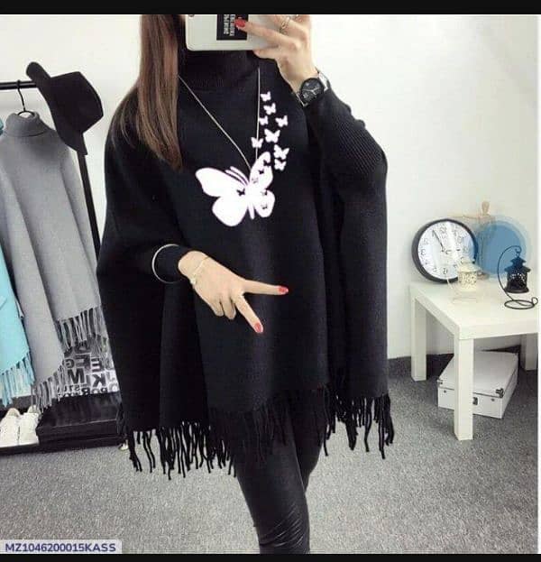 Women Polyester Butterfly Printed Poncho Cape Shawl 0