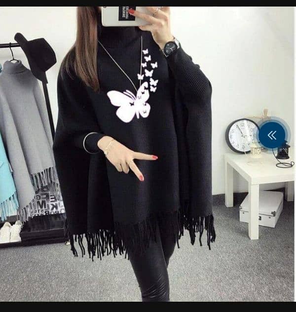 Women Polyester Butterfly Printed Poncho Cape Shawl 2