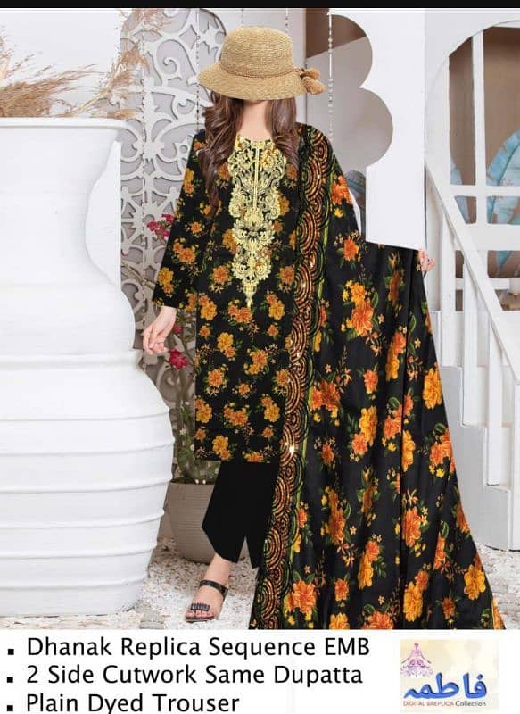 3 pcs women unstitched Dhank Printed Suit 0