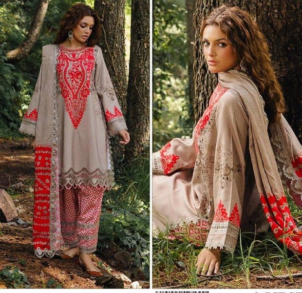 Elegant 3 pcs Digital Print Viscose Suit Set In Beige 0