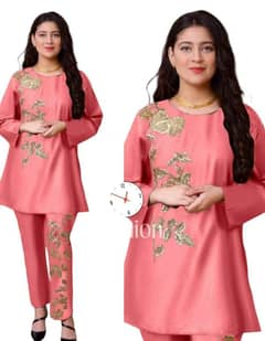 Embroidered pink linen shirt and trousers 2 pcs suit