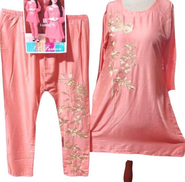 Embroidered pink linen shirt and trousers 2 pcs suit 1