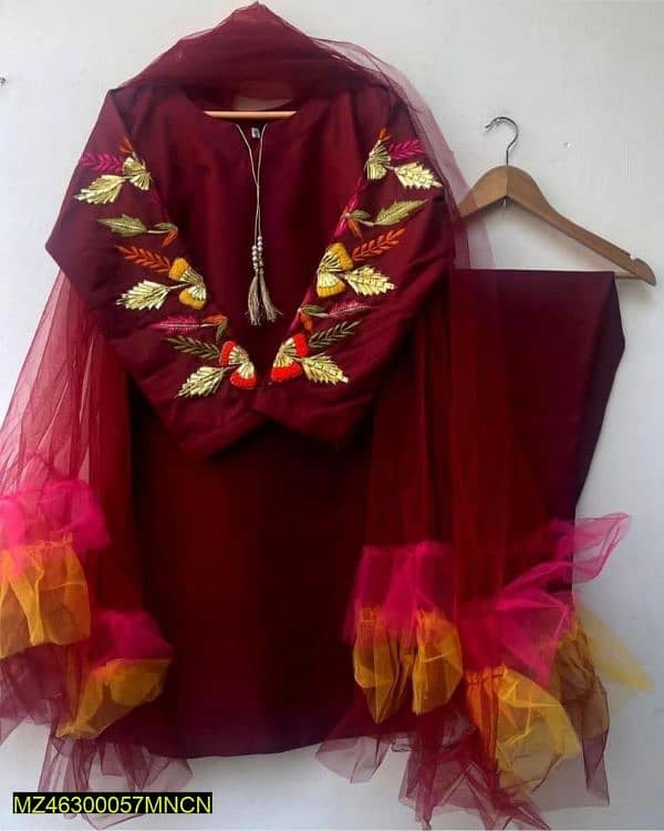 Elegant maroon embroiderd silk suit set 3 pcs 0