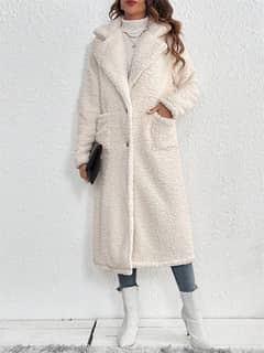 Women's stylish low shoulder double pocket teddy bear longer coat