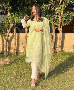 Elegant organza green embroided suit women's stitched