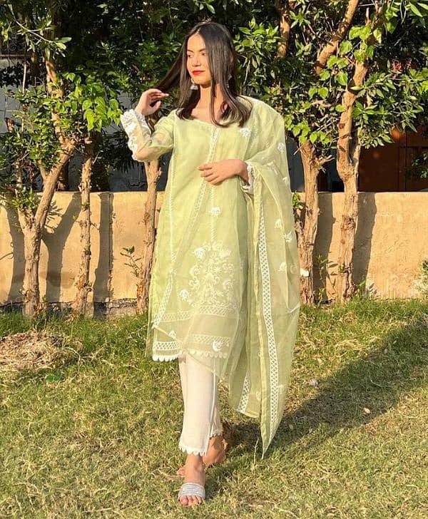 Elegant organza green embroided suit women's stitched 0