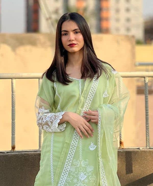 Elegant organza green embroided suit women's stitched 2