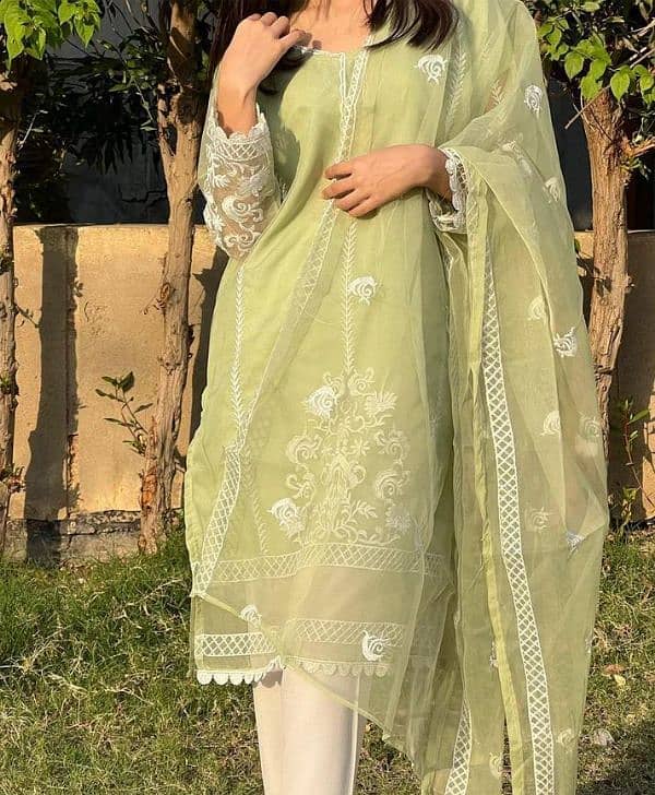 Elegant organza green embroided suit women's stitched 3