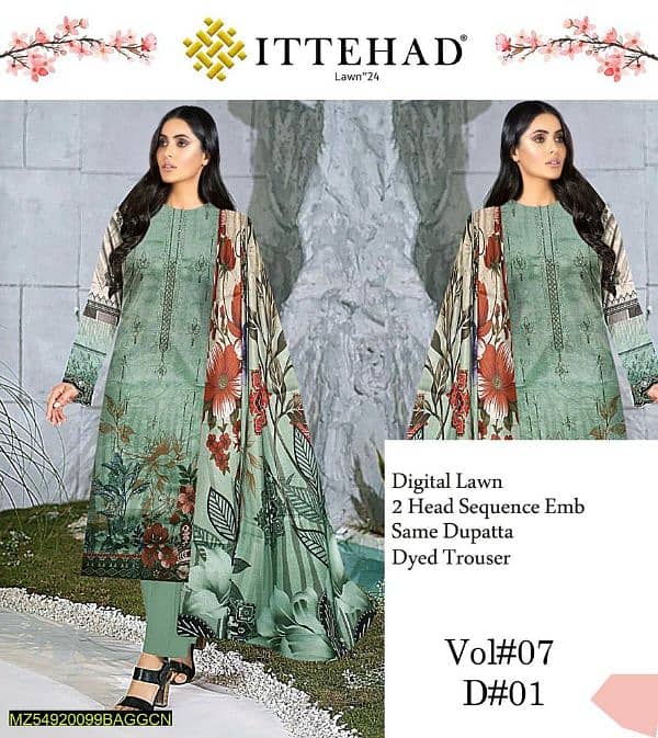 3 Pcs Women's Unstitched Lawn Digital Print 0