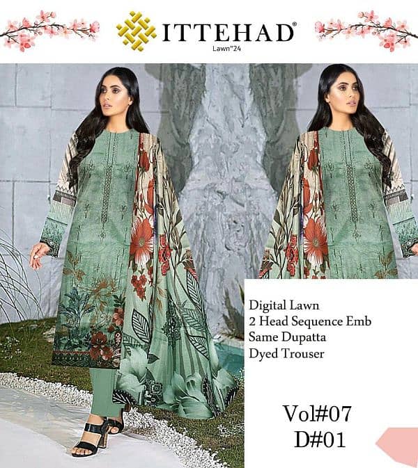 3 Pcs Women's Unstitched Lawn Digital Print 4