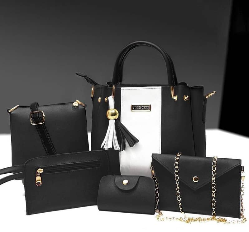 Stylish Women's 5 Pcs PU leather Hand Bag set in Black 0